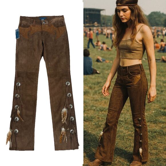 Ralph Lauren Pants - Vintage Ralph Lauren Suede Leather Fringe Pants Western Concho Lace Up Boho NWT